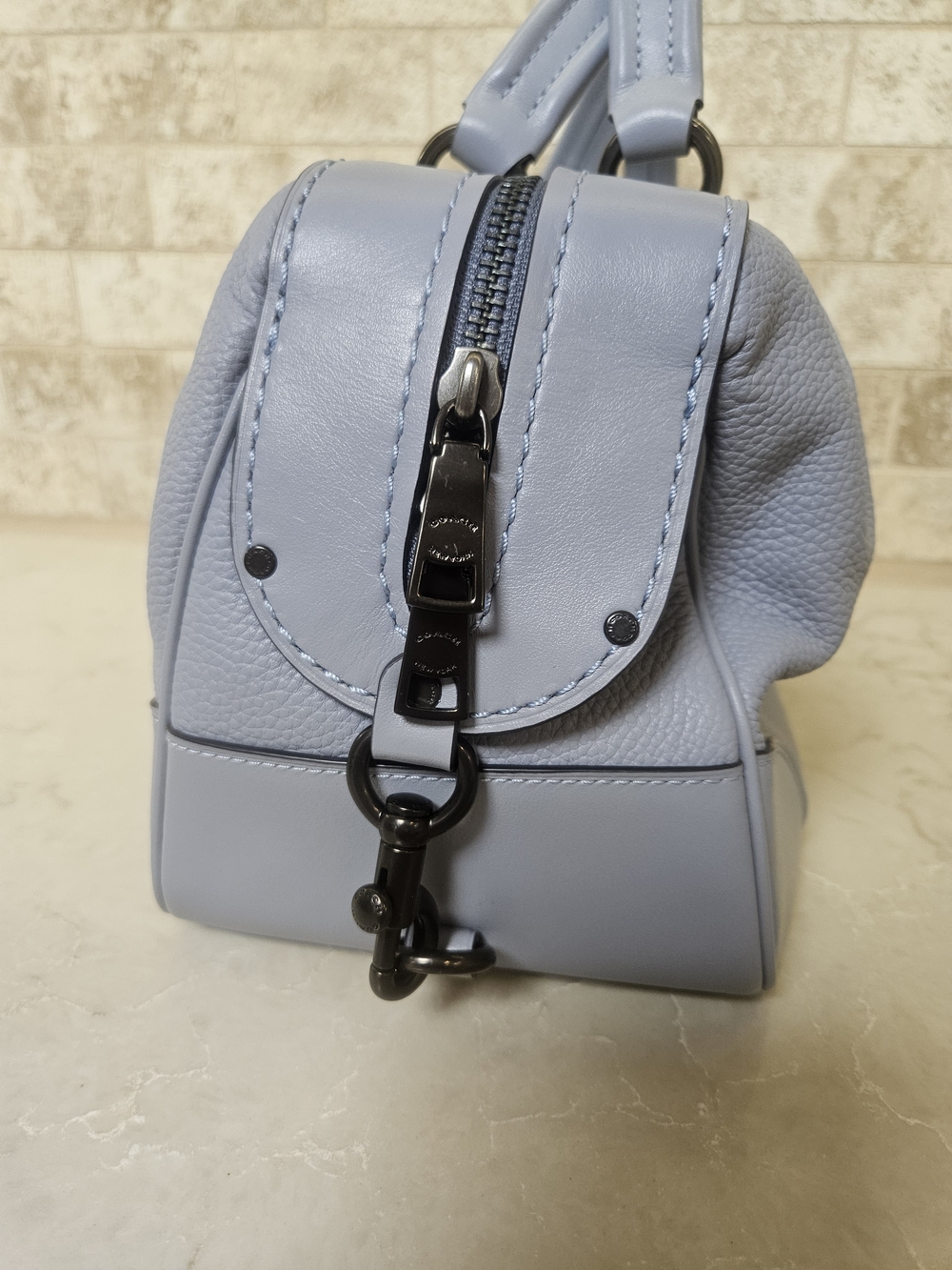 COACH Pebble Leather Lane Satchel Crossbody Shoulder Bag in Mist Blue - Picture 6 of 8